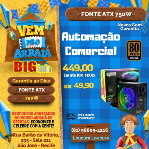 Fonte Gamer 750w Revenger RGB - Ema te 10x  Fixas 