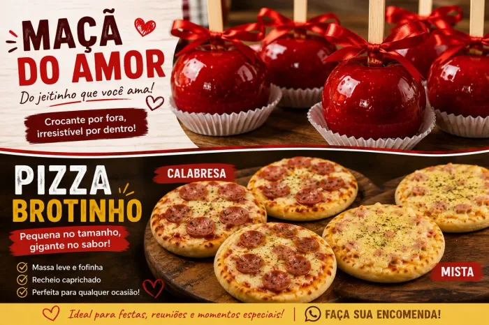 Aceitamos encomendas de pizza brotinho e maçã do amor 