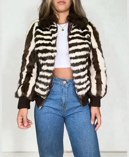 Casaco estilo bomber pele natural marrom mesclado Tam P