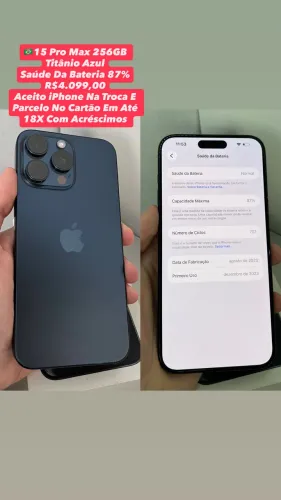 iPhone 15 Pro Max 256GB Titânio Azul - Saúde Da Bateria 87% (Usado)