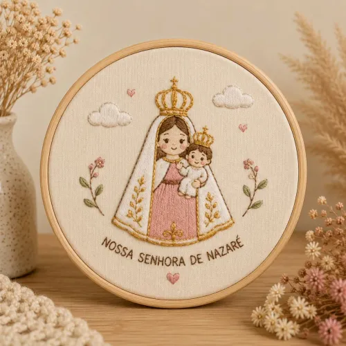 Quadro bordado Nossa Senhora de Nazaré em bastidor 14cm.