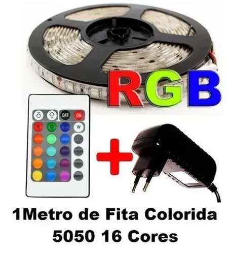 KIT 1M Fita de LED Rgb Colorida 5050 1 Metro Controle Remoto e Fonte 12v