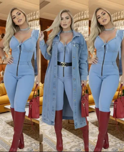 MACACÃO LONGO JEANS FEMININO MACAQUINHO FEMININO COM LYCRA