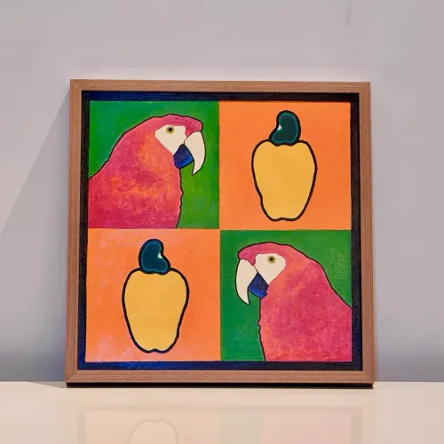 Pop art arara e caju 37x37, acrílico sob tela