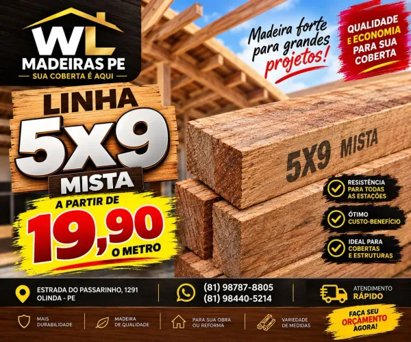 Linha 5x9 Mista a partir de R$ 19,90 o metro | Madeira para Coberta