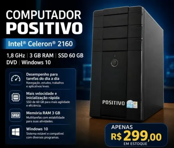 Computador Intel® 2160 @ 1,8 GHz & 3 GB RAM, SSD de 64 GB (Windows 10), gravador de CD DVD
