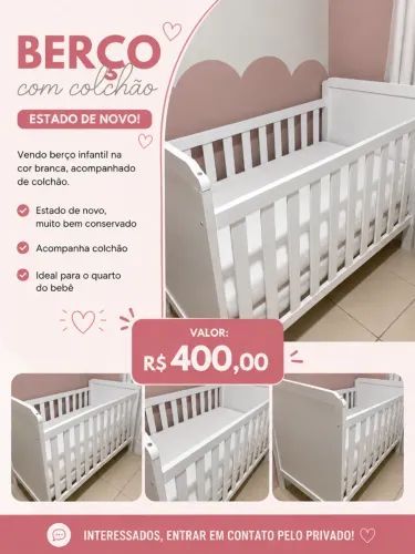 Berço infantil branco com colchão - R$ 400,00