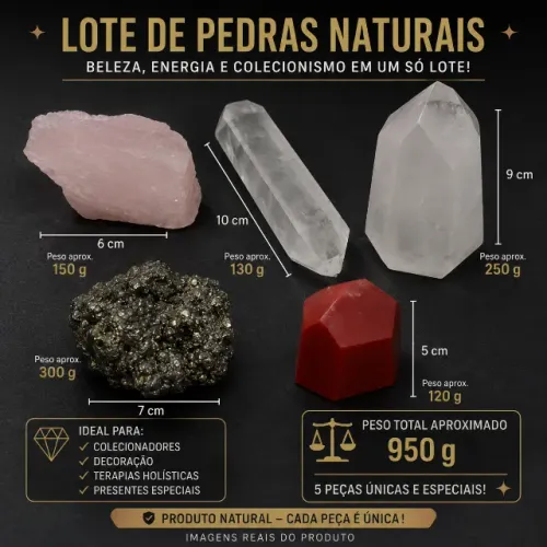 Lote com 5 Pedras Naturais / Minerais - Quartzo, Pirita e Pedras para Coleção e Decoração