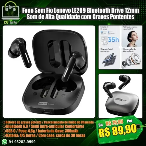 Fone Sem Fio Lenovo LE209 Bluetooth Drive 12mm