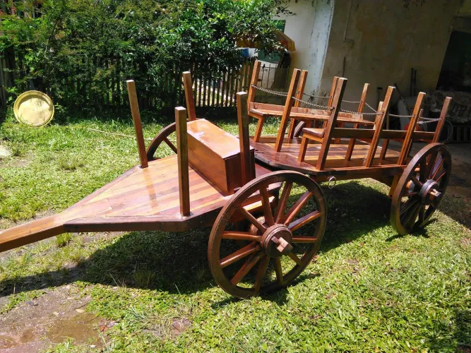 Carro de boi tipo "Trolle" com 2 eixos contadores e 4 rodas raiadas em madeira - Jacarandá
