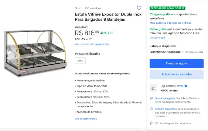 Estufa para salgados quentes 8 bandejas
