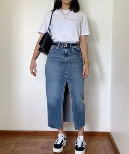 Saia Jeans Midi com Fenda