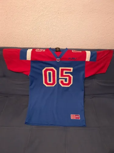 Camisa de futebol vintage FUBU 05 azul vermelha NYC New York Giants anos 90 hiphop rap
