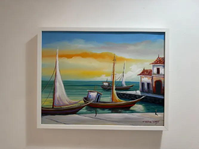 Quadro decorativo de paisagem marítima - barcos no mar