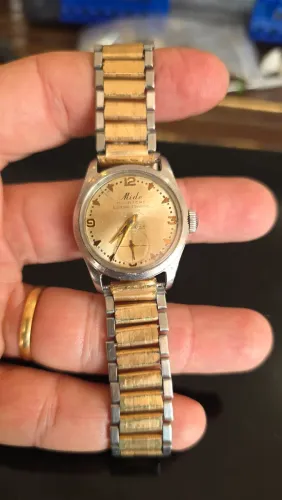 Mido Multifort Superautomatic vintage 1956 28mm original mostrador pérola ouro plaquê 18k