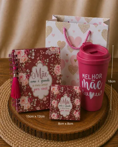 Kit Presente Dia das Mães - 2 Agendas Florais, 1 Copo + Sacola Decorada (Pronta Entrega)