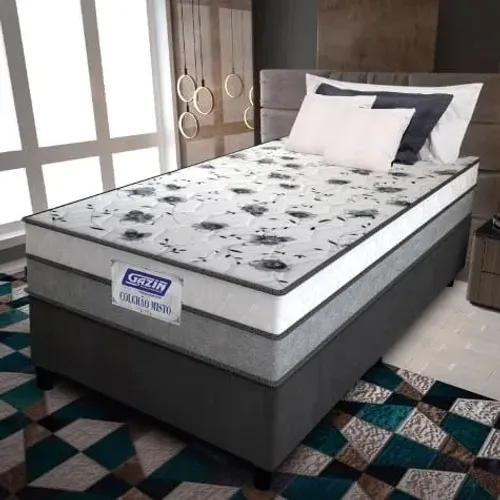Colchão Solteiro Branco/Cinza + Cama Base Box Solteiro Cinza Chumbo