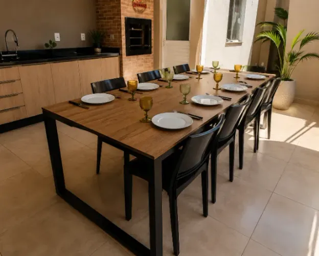 Mesa Industrial Gourmet 2,75m com 8 Lugares | Base em Metalon Preto | FL Decor