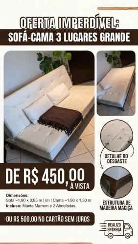 Sofá-Cama 3 Lugares Madeira Maciça + Manta e Almofadas