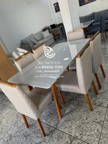 Mesa de jantar 1,70x0,90 Tampo Vidro Laqueado + 6 Cadeiras Madeira maciça