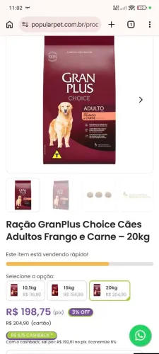 Ração Gran plus choice 20 kg