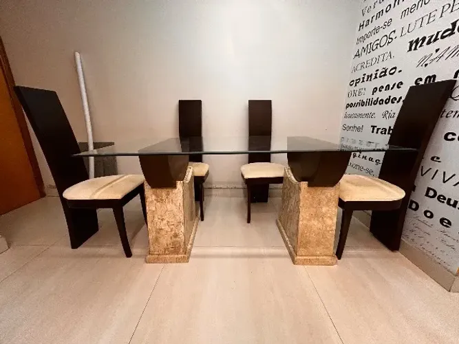 Mesa de jantar retangular vidro com 6 cadeiras base de mármore 