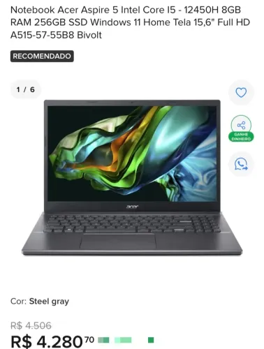     Notebook Acer Aspire 5 i5 12ª Geração SSD Rápido