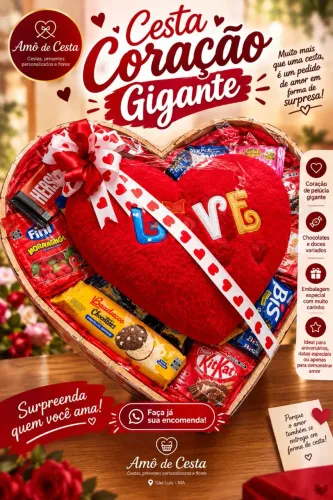 Cesta De Café da Manhã Coração Gigante Recheado Com Doces e Chocolates Surpresa Romântica