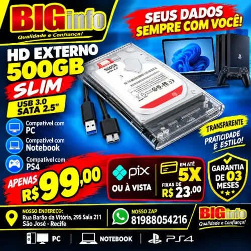 Hd Externo Portátil Slim 500gb + Cabo Usb 3.0 Ps4/xbox Cor Preto - Em ate 10x fixas 