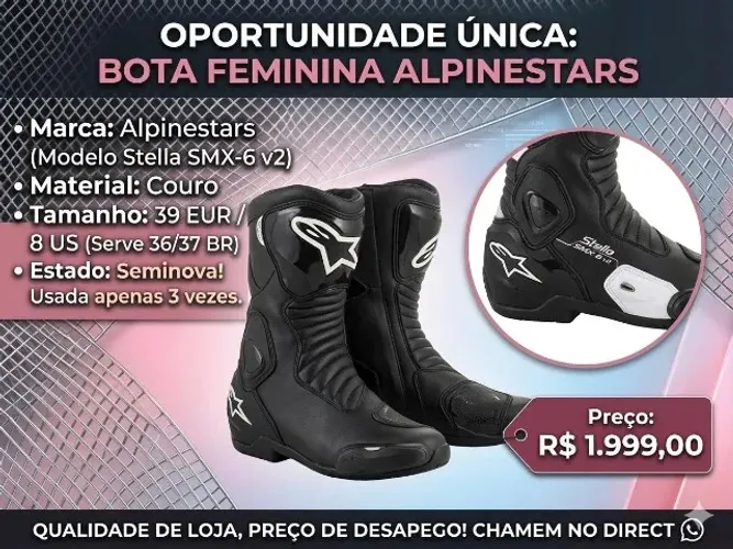BOTA DE COURO FEMININA ALPINESTARS, MODELO STELLA SMX-6 V2, TAMANHO 36/37 BR (8 US)