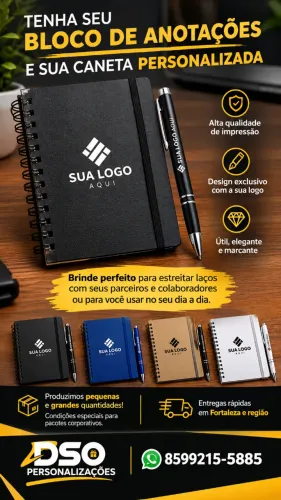 BLOCO DE ANOTAÇÕES E SUA CANETA PERSONALIZADA