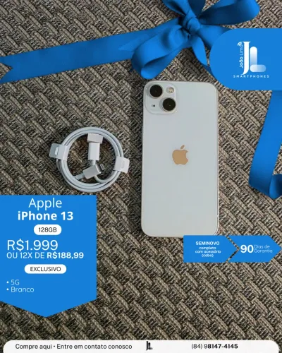 IPHONE 13, 5G, 128GB, BRANCO, SEMINOVO, EXCLUSIVO!
