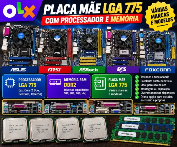 PLACA MÃE 775 + PROCESSADOR + MEMÓRIA RAM | VÁRIAS MARCAS E MODELOS | PREÇO IMPERDÍVEL