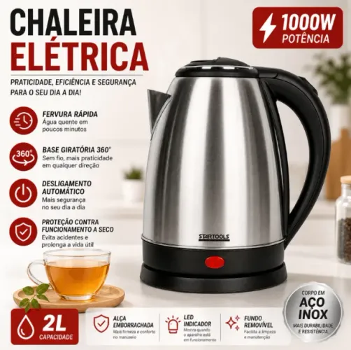 Chaleira Elétrica 2L 127V Inox 1000W Jarra Elétrica Fervedor Desligamento Automático