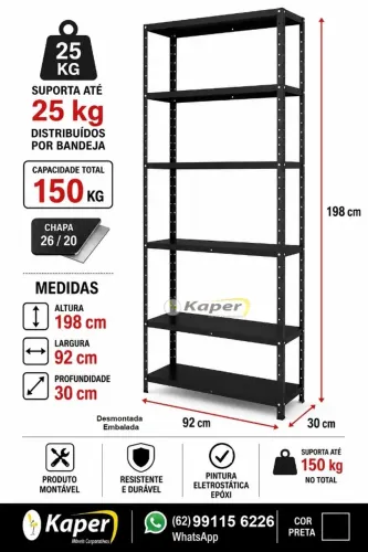 Prateleira de Aço - Preta - 198cm x 92cm x 30cm c/; 06 bandejas ( novo ) promoção