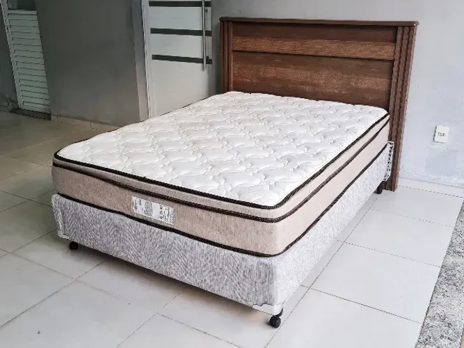 Cama Casal Completa (Box + Colchão Castor + Cabeceira + Criado Mudo / Mesa de Cabeceira)