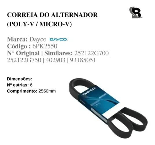 CORREIA DO ALTERNADOR POLY-V DAYCO KIA SORENTO 2.4 16V 2010 e 2011