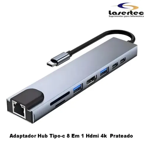 Adaptador Hub Tipo-c 8 Em 1 Hdmi 4k Lan Usb 3.0 Sd/tf Prateado Iteblue LE-4147