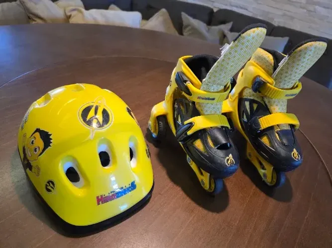 Kit Patins Heroizinhos Super Rocket Ajustável Unik Toys - 31 ao 34 Amarelo Preto capacete