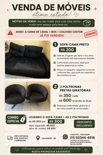 VENDA - POLTRONA GIRATÓRIA + SOFÁ CAMA BARATOS