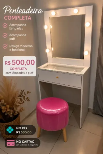 Penteadeira 1 Gaveta Espelho e Tampo de Vidro - Nova