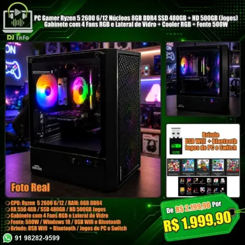PC Gamer Ryzen 5 2600 6/12 8GB DDR4 + RX 550 4GB + SSD 480GB + HD 500GB (Jogos)