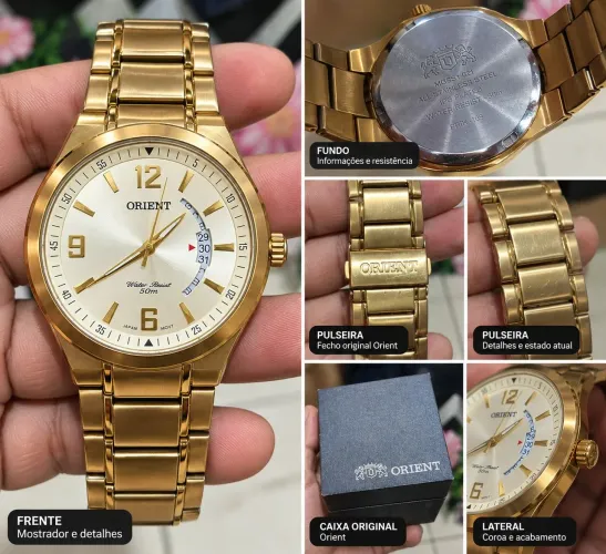 Relógio Orient Masculino Original Dourado 50M + Caixa - Pilha Nova