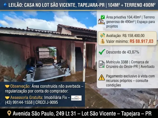 Negócio com vantagem ? Casa no Lot São Vicente, Tapejara - PR, Nº 249, 490m² | Venda Diret