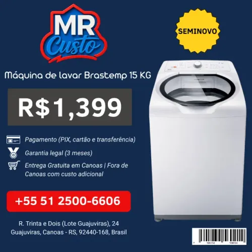Máquina de Lavar Brastemp 15kg Seminova | Revisada, Testada e com Garantia | MR Custo