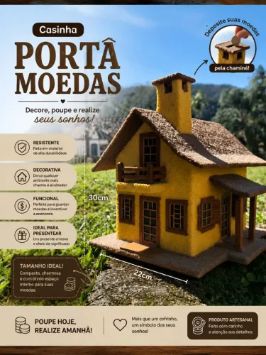 Casinha Porta-Moedas Artesanal Cofrinho Decorativo 30cm x 22cm