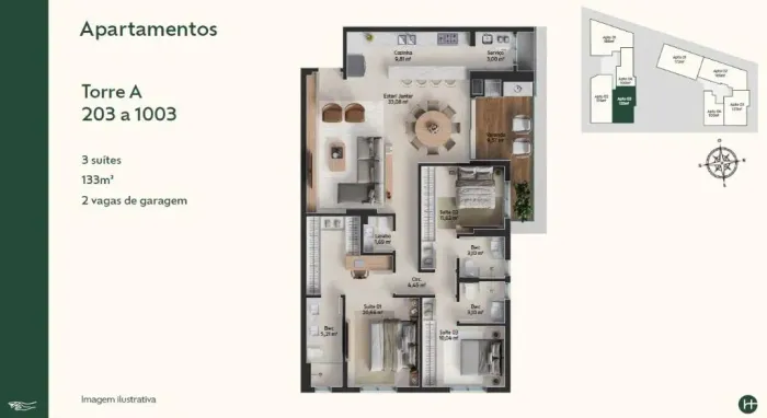 Apartamento de 133m² com 3 suítes à venda no Pátio Jardins, Passeio Pedra Branca - Palhoça