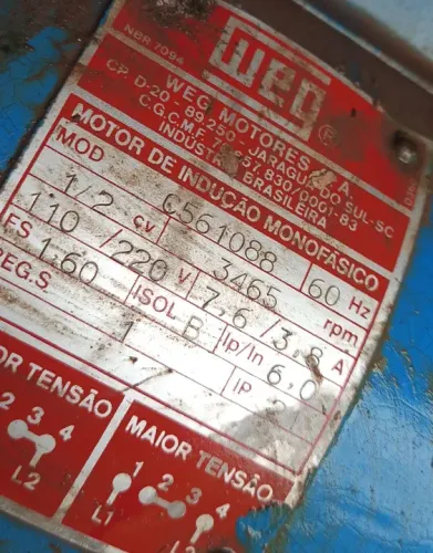 Motor WEG Monofásico 60Hz 1/2cv 3465rpm usado duas vezes