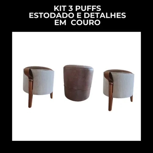 kit 3 puff camurça com couro