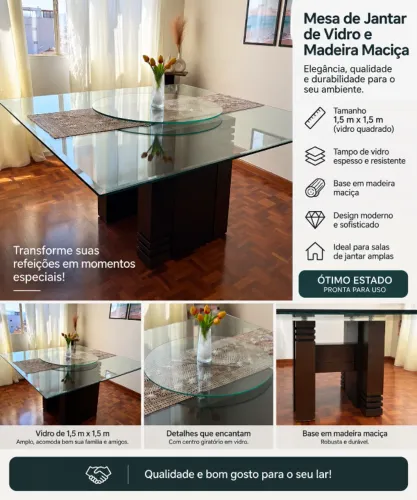 Mesa de Jantar 1,5m x 1,5m - Madeira Maciça + Centro Giratório